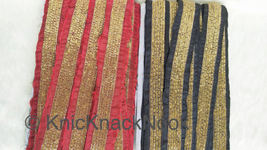 Black / Red Art Silk Fabric Trim With Gold Bugle Beads Embellishments And Gold Embroidery, Beaded Trim,